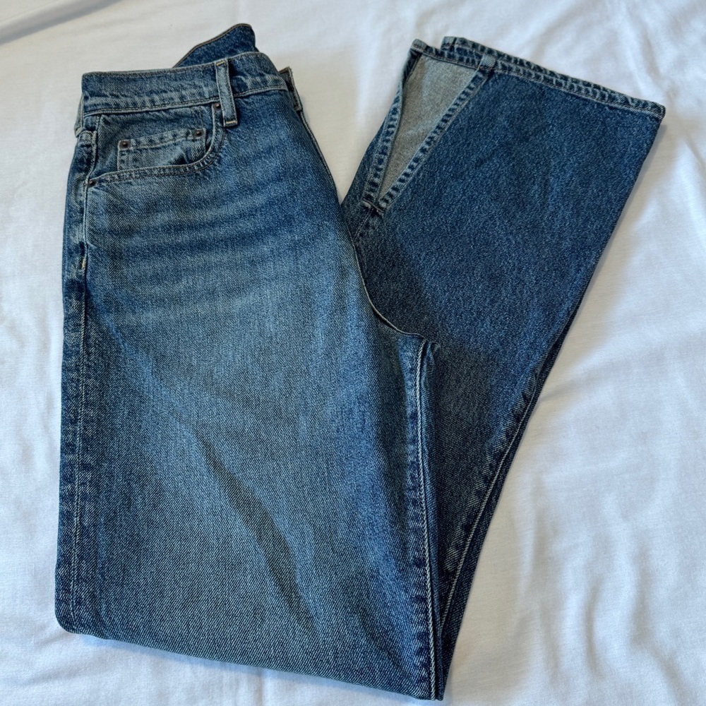 NSF Women’s 28 Straight Leg High Rise Jeans Ankle Slits Medium Wash Boyfriend